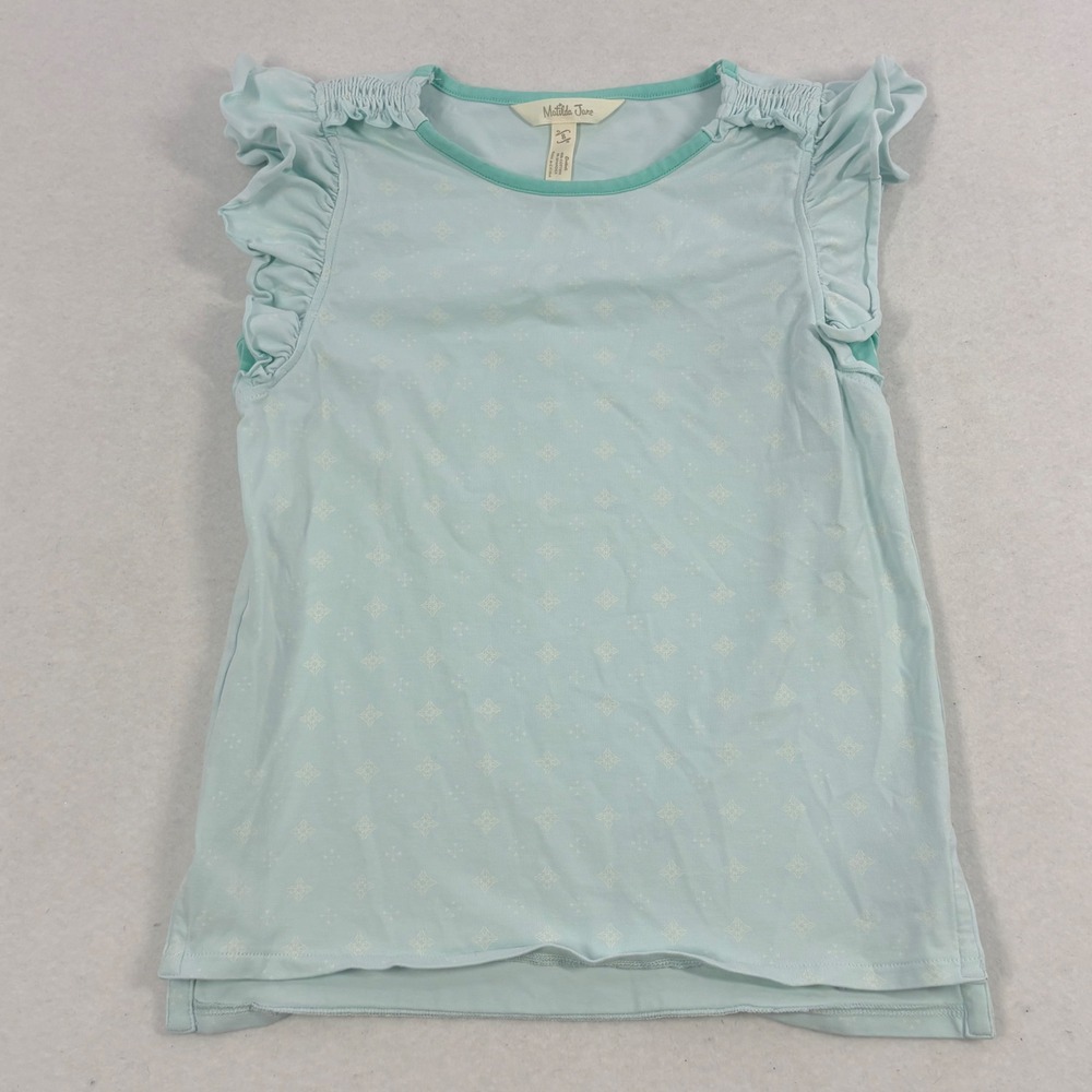 Matilda Jane Flutter Sleeve Top Girls 8 Mint Green Smocked Ruffle Geometric